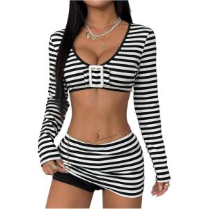 image:imageMakeMeChic Womens 2 Piece Sets Striped Scoop Neck Buckle Crop Tops Bodycon Skirts Y2k Sexy OutfitBlack and White