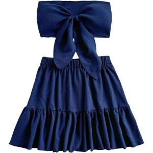 image:imageMakeMeChic Womens 2 Piece Sets Tie Knot Strapless Tube Crop Tops and Elastic Waist Skirt Summer OutfitBlue
