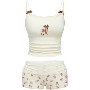 image:imageMakeMeChic Womens 2 Piece Summer Outfits Bow Lace Cami Top and Micro Mini Shorts Lounge SetsApricot