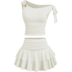 image:imageMakeMeChic Womens 2 Piece Summer Outfits Brown Metal 3D Floral Asymmetrical Tops and Ruffle Tiered Mini Skirt SetsApricot