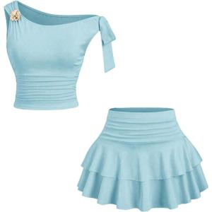 image:imageMakeMeChic Womens 2 Piece Summer Outfits Brown Metal 3D Floral Asymmetrical Tops and Ruffle Tiered Mini Skirt SetsBlue
