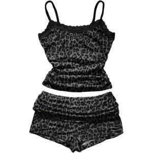 image:imageMakeMeChic Womens 2 Piece Summer Outfits Cheetah Print Lace Trim Cami Tops and Micro Mini Shorts SetsMulticolor