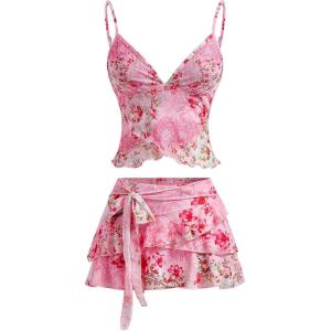 image:imageMakeMeChic Womens 2 Piece Summer Outfits Floral Lettuce Trim Cami Top and A Line Mini Skirt Vacation SetPink