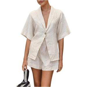 image:imageMakeMeChic Womens 2 Piece Summer Outfits Half Sleeve Blouse and Mini Shorts Matching SetApricot