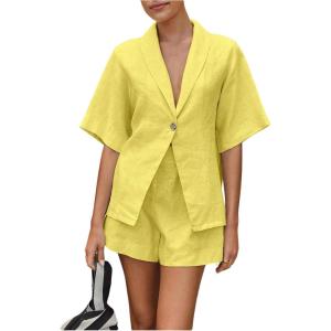 image:imageMakeMeChic Womens 2 Piece Summer Outfits Half Sleeve Blouse and Mini Shorts Matching SetYellow