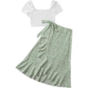 image:imageMakeMeChic Womens 2 Piece Summer Outfits Short Sleeve Square Neck Crop Top and Ditsy Floral Midi Skirt Boho SetsWhite and Green