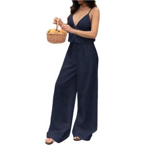 image:imageMakeMeChic Womens 2 Piece Summer Outfits Sleeveless Tie Front Cami Crop Top and Drawstring Pants Matching SetBlue