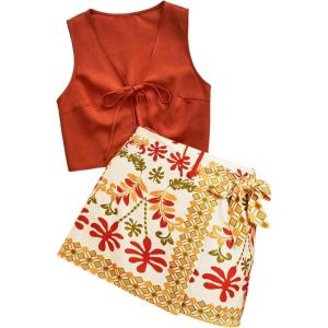 image:imageMakeMeChic Womens 2 Piece Summer Set Beach Vacation Outfits Tie Front Tops and Wrap Skirt SetMulticolor