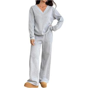 image:imageMakeMeChic Womens 2 Piece Sweatsuits Long Sleeve V Neck Sweatshirt and Jogger Pants Casual Matching SetsGrey