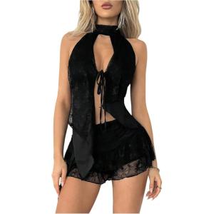 image:imageMakeMeChic Womens 2 Piece Y2k Outfit Floral Lace Open Back Halter Tops and Ruched Skirt SetBlack