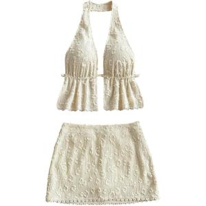 image:imageMakeMeChic Womens 2 Piece Y2k Outfits Backless Halter Crop Tops and Bodycon Skirt SetBeige