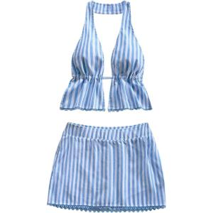 image:imageMakeMeChic Womens 2 Piece Y2k Outfits Backless Halter Crop Tops and Bodycon Skirt SetBlue and White