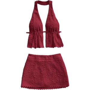 image:imageMakeMeChic Womens 2 Piece Y2k Outfits Backless Halter Crop Tops and Bodycon Skirt SetBurgundy