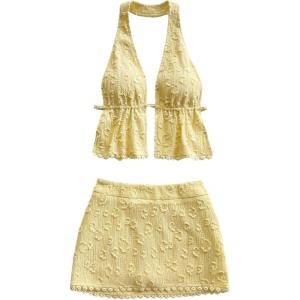 image:imageMakeMeChic Womens 2 Piece Y2k Outfits Backless Halter Crop Tops and Bodycon Skirt SetYellow