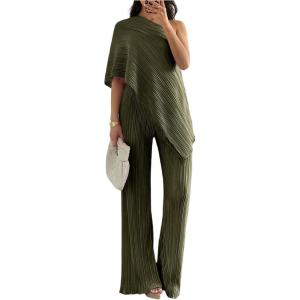image:imageMakeMeChic Womens Asymmetrical Set 2 Piece Striped One Shoulder Pants Set Elegant Work SuitArmy Green