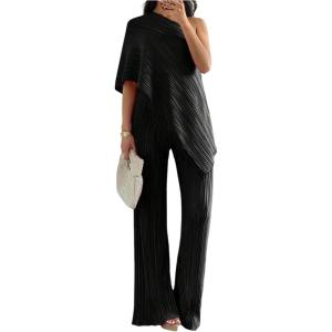 image:imageMakeMeChic Womens Asymmetrical Set 2 Piece Striped One Shoulder Pants Set Elegant Work SuitBlack