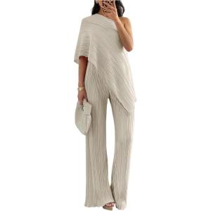 image:imageMakeMeChic Womens Asymmetrical Set 2 Piece Striped One Shoulder Pants Set Elegant Work SuitChampagne