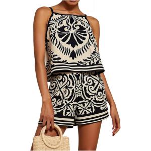 image:imageMakeMeChic Womens Beach Vacation Outfits Summer Two Piece Set Tropical Tank Tops and Shorts Boho SetsBlack