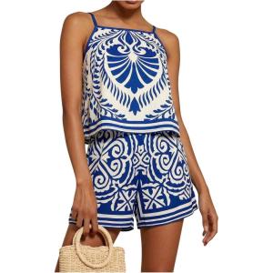 image:imageMakeMeChic Womens Beach Vacation Outfits Summer Two Piece Set Tropical Tank Tops and Shorts Boho SetsBlue and White