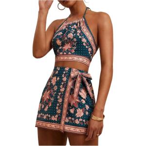 image:imageMakeMeChic Womens Boho 2 Piece Outfit Halter Backless Crop Tops and Wrap Skirt Skorts Travel Vacation Summer SetBlack