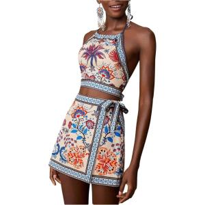 image:imageMakeMeChic Womens Boho 2 Piece Outfit Halter Backless Crop Tops and Wrap Skirt Skorts Travel Vacation Summer SetBlue