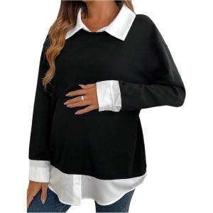 image:imageMakeMeChic Womens Fall Maternity Sweatshirt Long Sleeve Collared 2 in 1 Pregnancy Pullovers TopsBlack