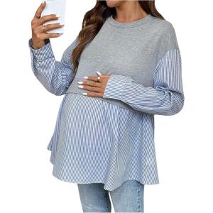 image:imageMakeMeChic Womens Going Out Striped Maternity T Shirt Crew Neck Long Sleeve Pregnancy TopsMulticolor