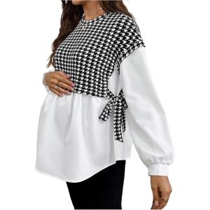 image:imageMakeMeChic Womens Houndstooth Print Maternity Blouse Crew Neck Long Sleeve Spring Pregnancy TopsBlack and White