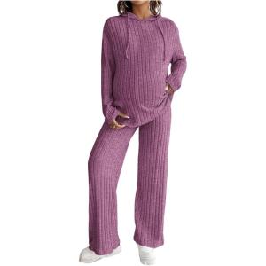 image:imageMakeMeChic Womens Maternity 2 Piece Outfits Lounge Set Ribbed Knit Long Sleeve Hoodie and Pants Pregnancy SetDark Pink