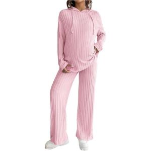 image:imageMakeMeChic Womens Maternity 2 Piece Outfits Lounge Set Ribbed Knit Long Sleeve Hoodie and Pants Pregnancy SetLight Pink