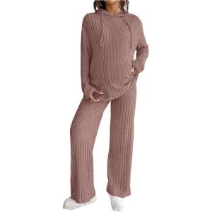 image:imageMakeMeChic Womens Maternity 2 Piece Outfits Lounge Set Ribbed Knit Long Sleeve Hoodie and Pants Pregnancy SetPink