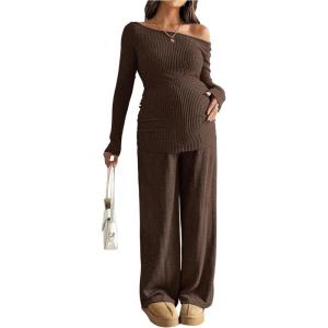 image:imageMakeMeChic Womens Maternity 2 Piece Outfits Off The Shoulder Tops and Wide Leg Pants Pregnancy SetCoffee Brown