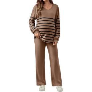 image:imageMakeMeChic Womens Maternity 2 Piece Outfits Spring Striped Long Sleeve Tops and Pants Set Casual Pregnancy LoungewearBrown