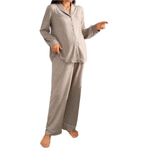 image:imageMakeMeChic Womens Maternity 2 Piece Pajama Set Button Down Long Sleeve Tops and Pants SleepwearKhaki