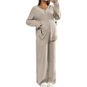 image:imageMakeMeChic Womens Maternity 2 Piece Pajama Sets Button Down Shirt Pants Lounge Set Fall ClothesKhaki