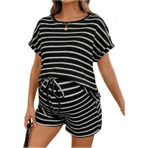 image:imageMakeMeChic Womens Maternity 2 Piece Summer Outfits Striped Crew Neck Short Sleeve Tee and Shorts Pregnancy SetsBlack