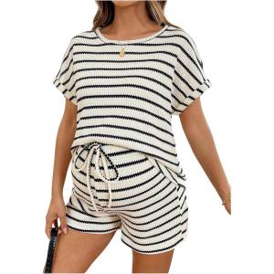 image:imageMakeMeChic Womens Maternity 2 Piece Summer Outfits Striped Crew Neck Short Sleeve Tee and Shorts Pregnancy SetsKhaki