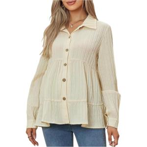 image:imageMakeMeChic Womens Maternity Blouse Button Down Ruffle Long Sleeve Pregnancy ShirtApricot