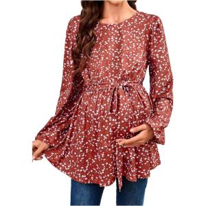 image:imageMakeMeChic Womens Maternity Blouse Floral Lantern Sleeve Crew Neck Belted Pregrancy Shirt TopsRed