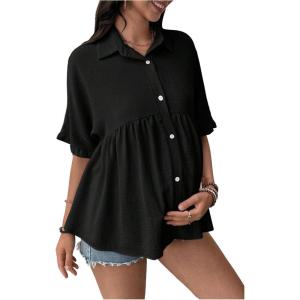 image:imageMakeMeChic Womens Maternity Blouse Linen Half Sleeve Collar Ruffle Button Down Shirt Pregnancy TopBlack