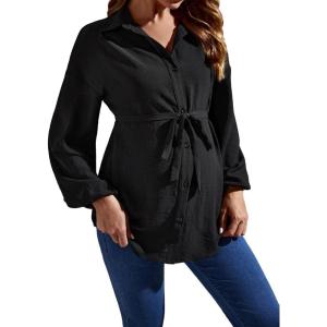 image:imageMakeMeChic Womens Maternity Blouse Long Sleeve Belted Button Down Casual Pregnancy Blouse TopsBlack