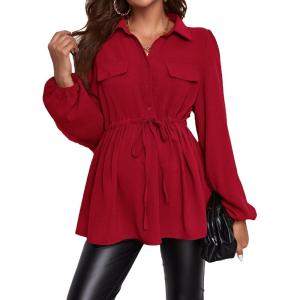 image:imageMakeMeChic Womens Maternity Blouse Long Sleeve Belted Button Down Casual Pregnancy Blouse TopsBurgundy
