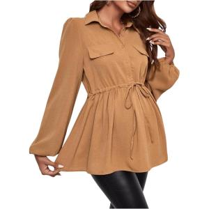 image:imageMakeMeChic Womens Maternity Blouse Long Sleeve Belted Button Down Casual Pregnancy Blouse TopsKhaki
