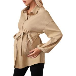 image:imageMakeMeChic Womens Maternity Blouse Long Sleeve Belted Button Down Casual Pregnancy Blouse TopsMocha Brown