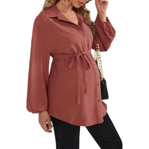 image:imageMakeMeChic Womens Maternity Blouse Long Sleeve Belted Button Down Casual Pregnancy Blouse TopsRedwood