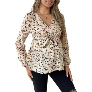 image:imageMakeMeChic Womens Maternity Blouse Long Sleeve V Neck Wrap Tops Ruffle Belted Maternity ClothesApricot