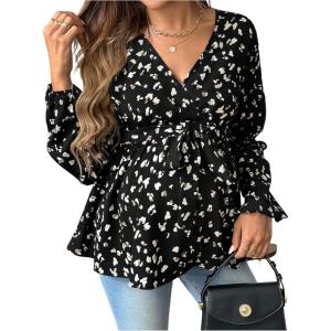 image:imageMakeMeChic Womens Maternity Blouse Long Sleeve V Neck Wrap Tops Ruffle Belted Maternity ClothesBlack