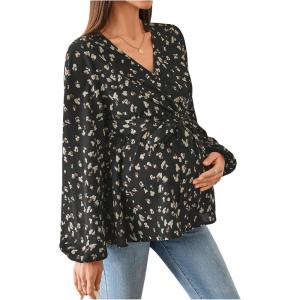 image:imageMakeMeChic Womens Maternity Blouse Long Sleeve V Neck Wrap Tops Ruffle Belted Maternity ClothesBlack Cheetah