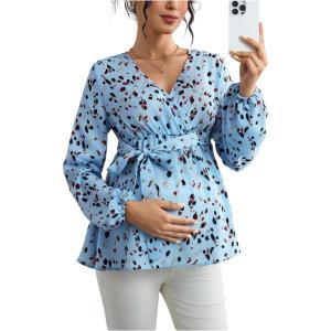 image:imageMakeMeChic Womens Maternity Blouse Long Sleeve V Neck Wrap Tops Ruffle Belted Maternity ClothesBlue