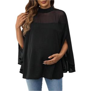 image:imageMakeMeChic Womens Maternity Blouse Mock Neck Mesh Sheer Keyhole Back Pregnancy Poncho TopBlack